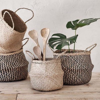 Black and natural seagrass belly basket